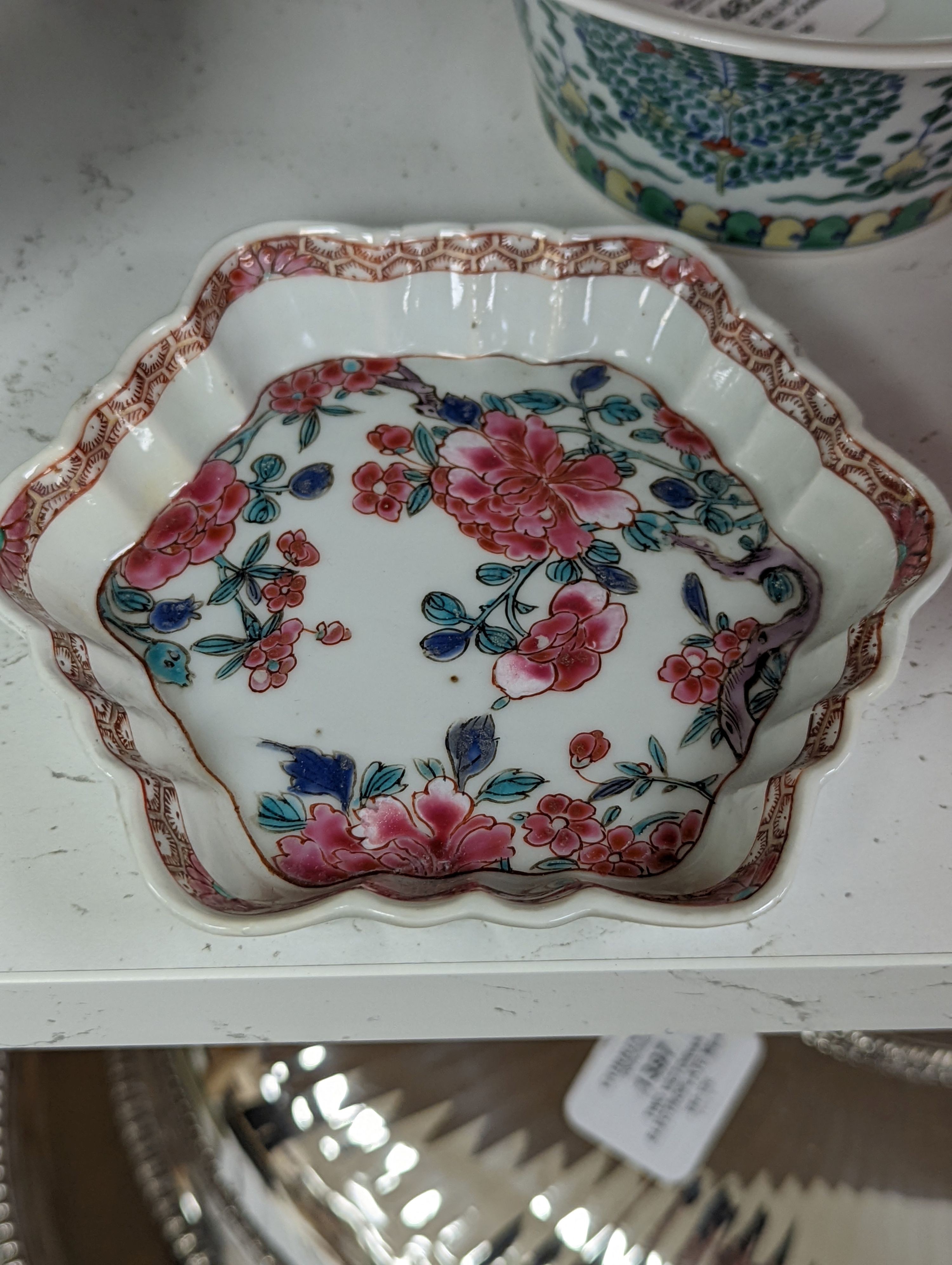 A Chinese blue and white bowl, Kangxi, 15cm. diam., a famille rose teapot stand, Yongzheng, and two doucai bowls
